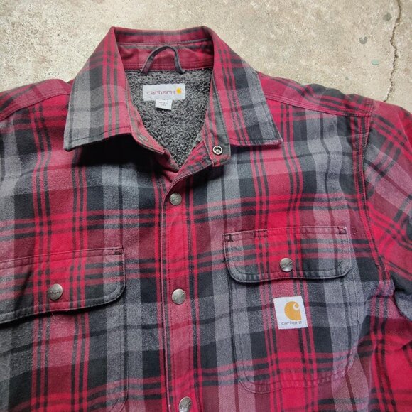 'Carhartt' red flannel fleece lined workwear jacket men's M - Picture 2 of 4